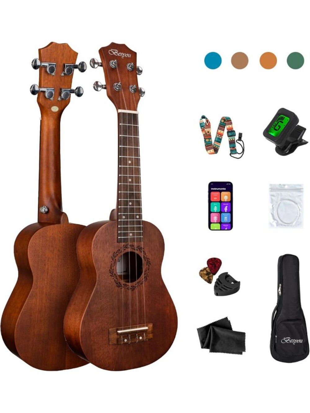 21-Inch Soprano Ukulele for Beginners & Kids - Mahogany Travel Kit with Tuner